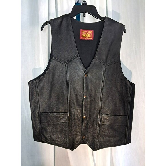 Men's MB ELITE Black Genuine Leather Motorcycle Riding Vest L-XL - Picture 7 of 14